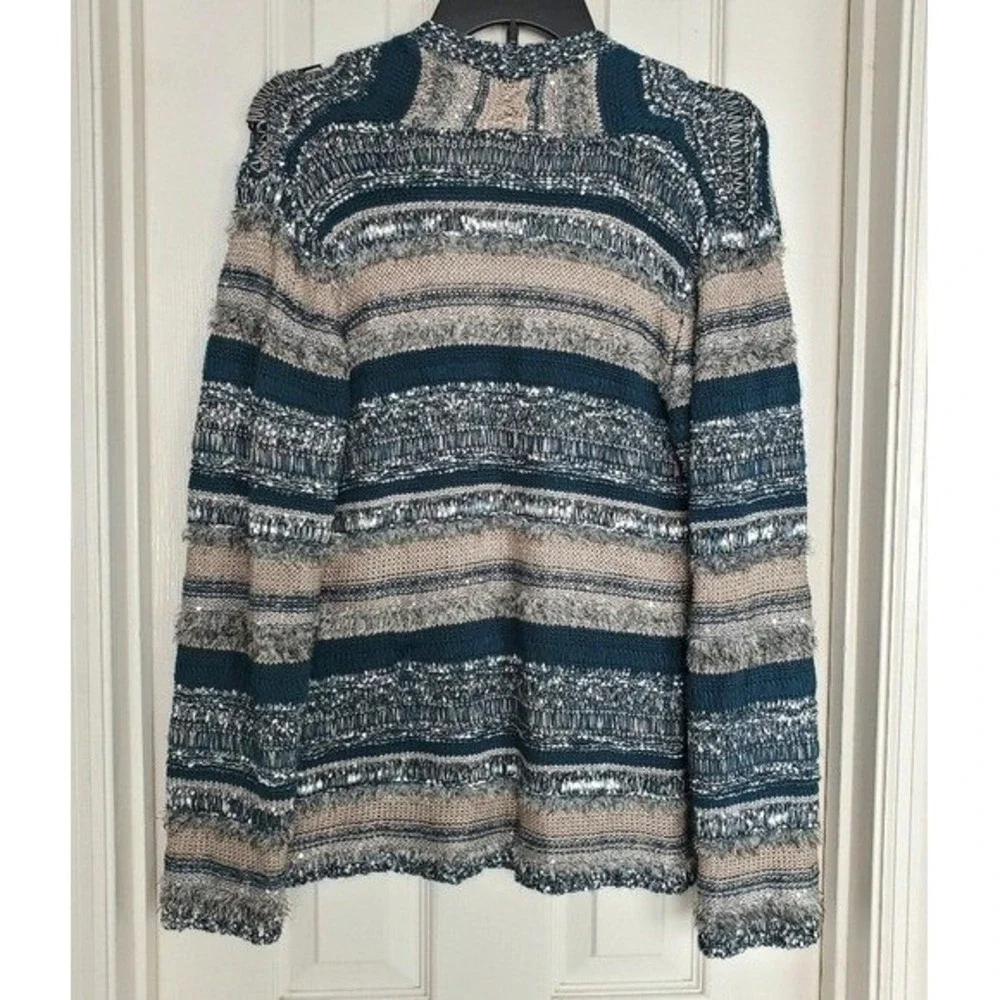 Multicolor Cardigan Wool Blend Blue Tan Striped Sequin Fringe‎ Boho Sweater S